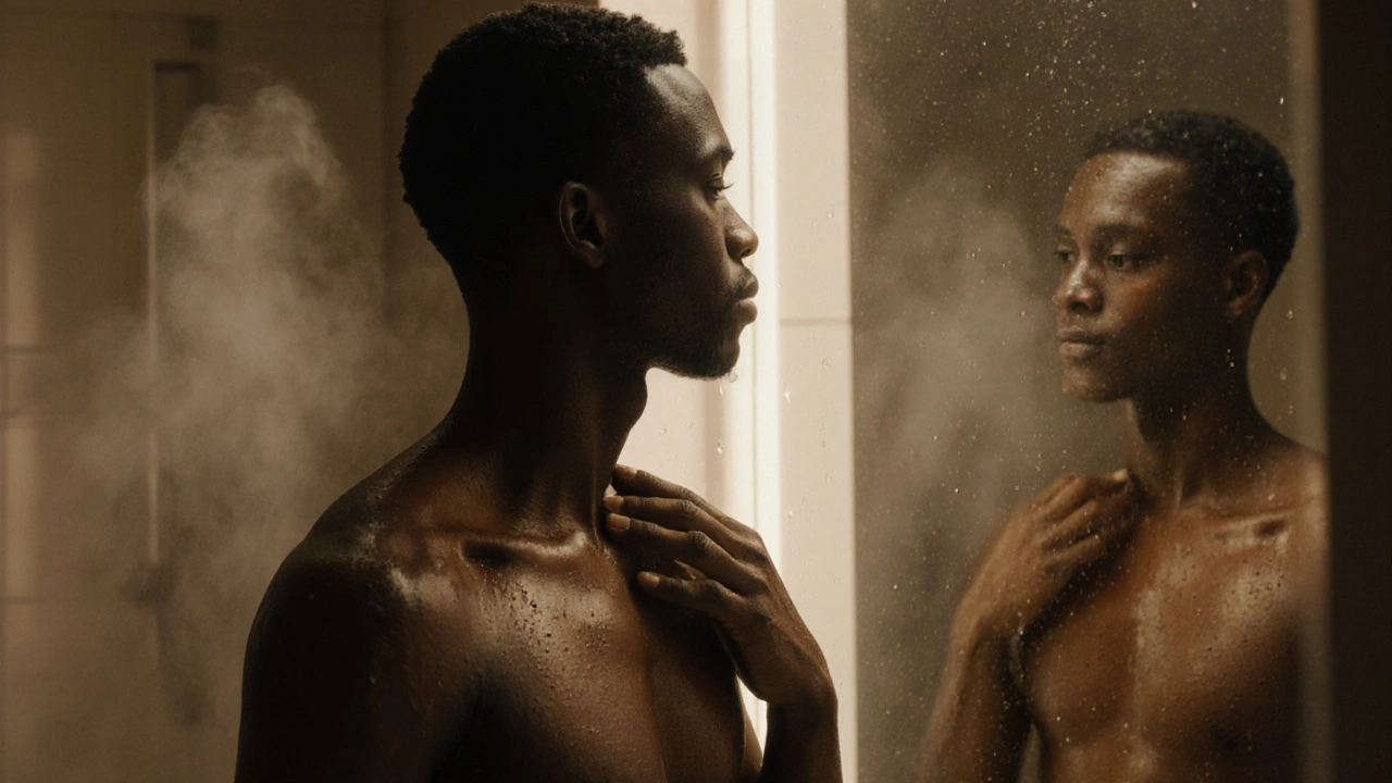 A person standing before a mirror, touching their body with quiet self-acceptance.