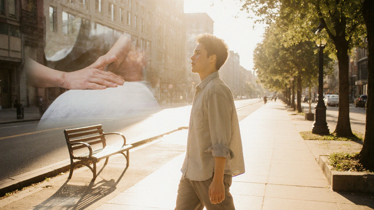 A person walking confidently down a sunlit street, radiating inner peace and self-worth.