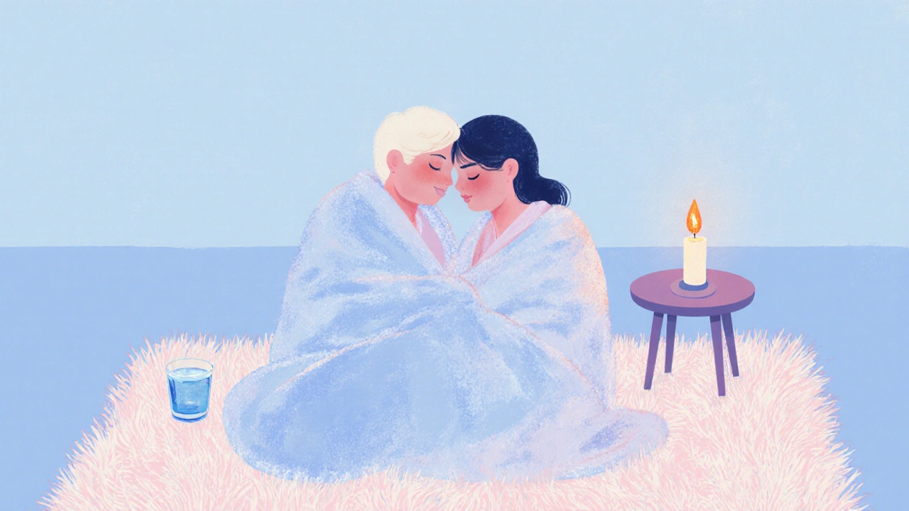 Couple cuddled under a blanket on a plush rug, sipping water after an intimate session.
