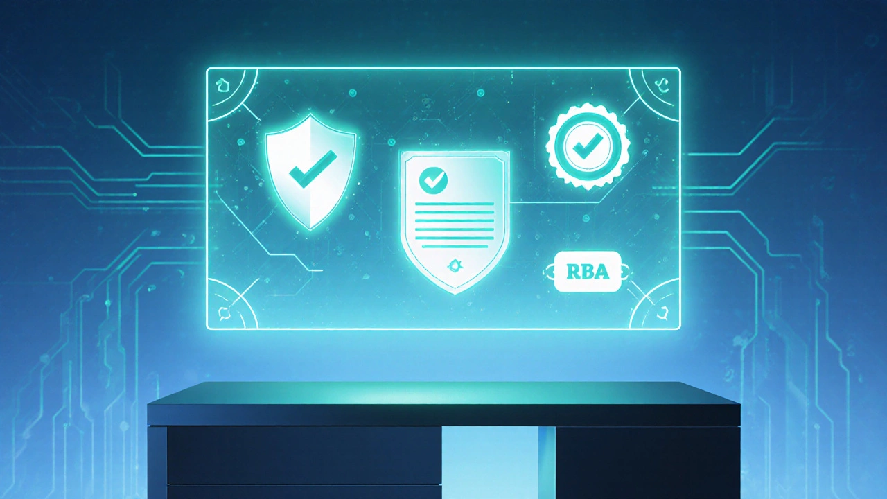 Futuristic holographic dashboard with safety icons and certification badge.