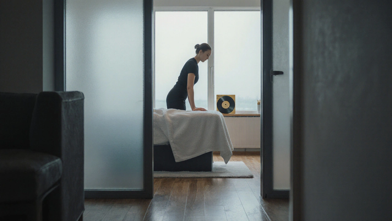 Modern minimalist spa interior with a ballet-trained therapist massaging a client.