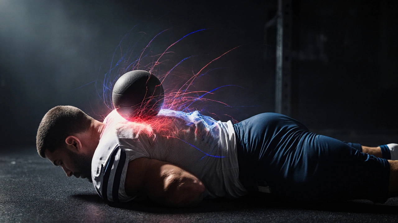 NFL player using a lacrosse ball to release tension in their upper back.