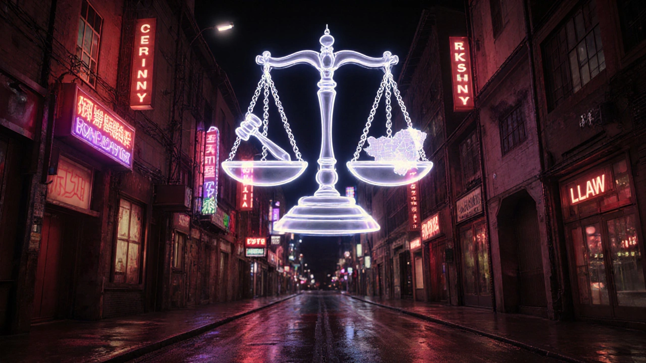 Night city alley with neon lights and floating legal scales above the street.