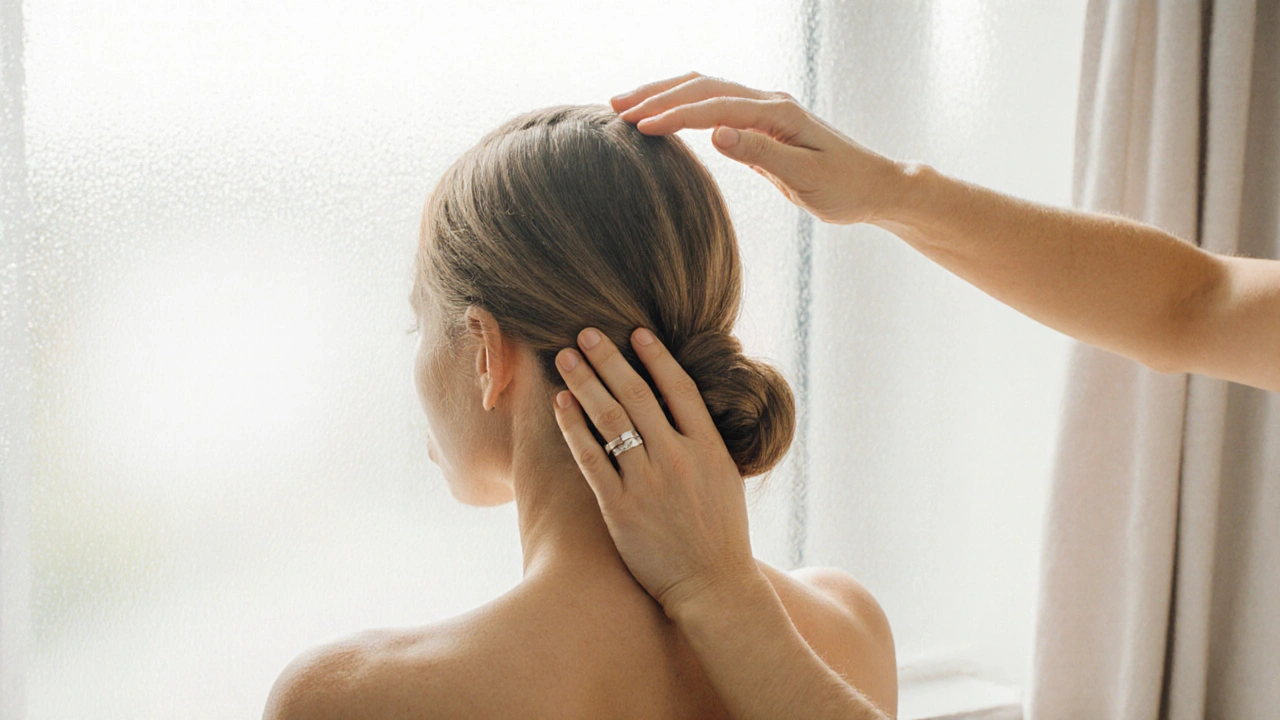 Person performing a scalp massage, hands moving in circles from hairline to crown.
