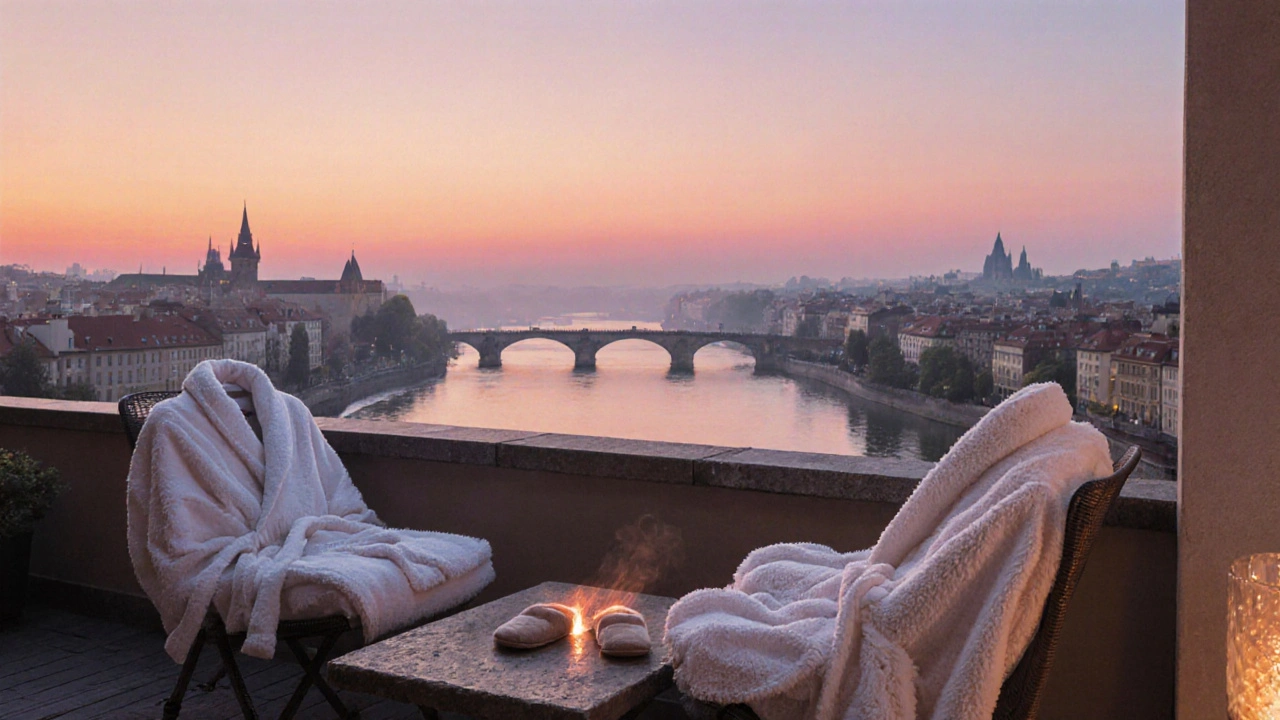 Rooftop spa at sunrise showing stone table, robes, and panoramic view of the Vltava.
