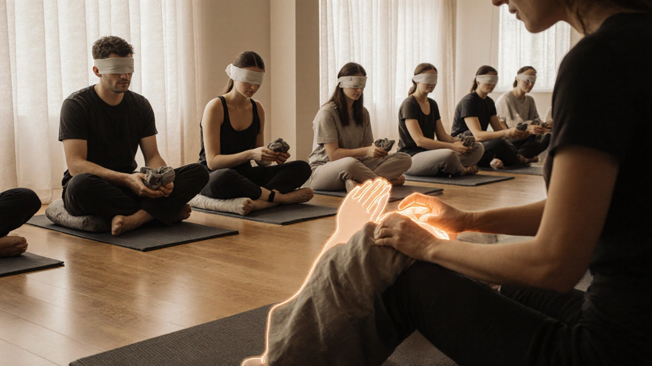 Students with eyes covered practicing tactile exercises in a light studio.