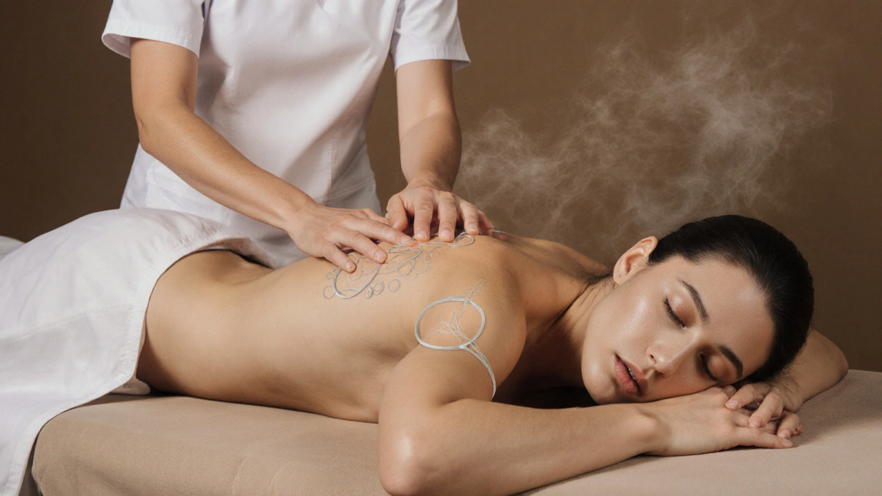 Therapist applying light lymphatic drainage strokes to a relaxed client.