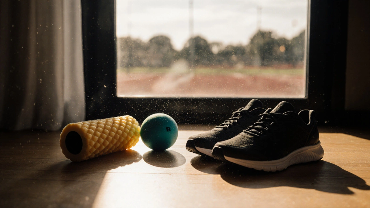 Three myofascial release tools arranged on a wooden floor with morning light.