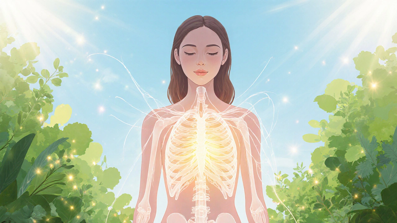 Woman surrounded by glowing lines symbolizing enhanced lymph flow and vitality.