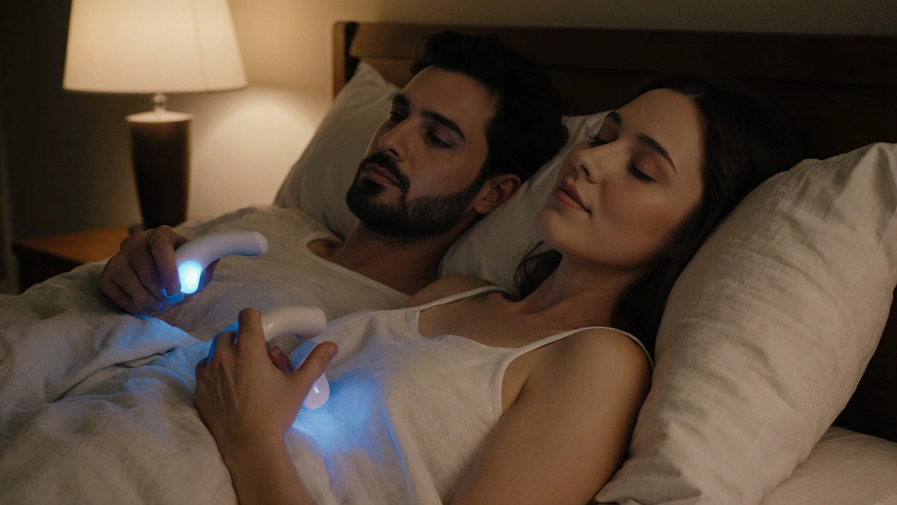 A couple lying in bed, each holding a synced massage device, relaxed and connected in quiet intimacy.