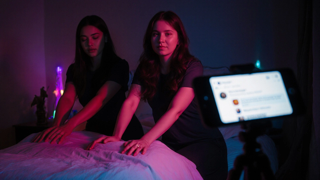 A staged erotic performance filmed for online streaming, with suggestive movements and lighting.