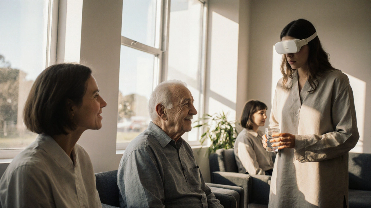 Clients waiting calmly in a wellness center as a blind therapist speaks gently to one of them.