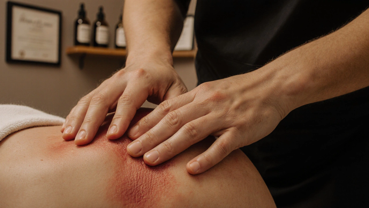Close-up of a therapist&#039;s hands applying deep pressure to a shoulder, with oil sheen and textured skin visible.