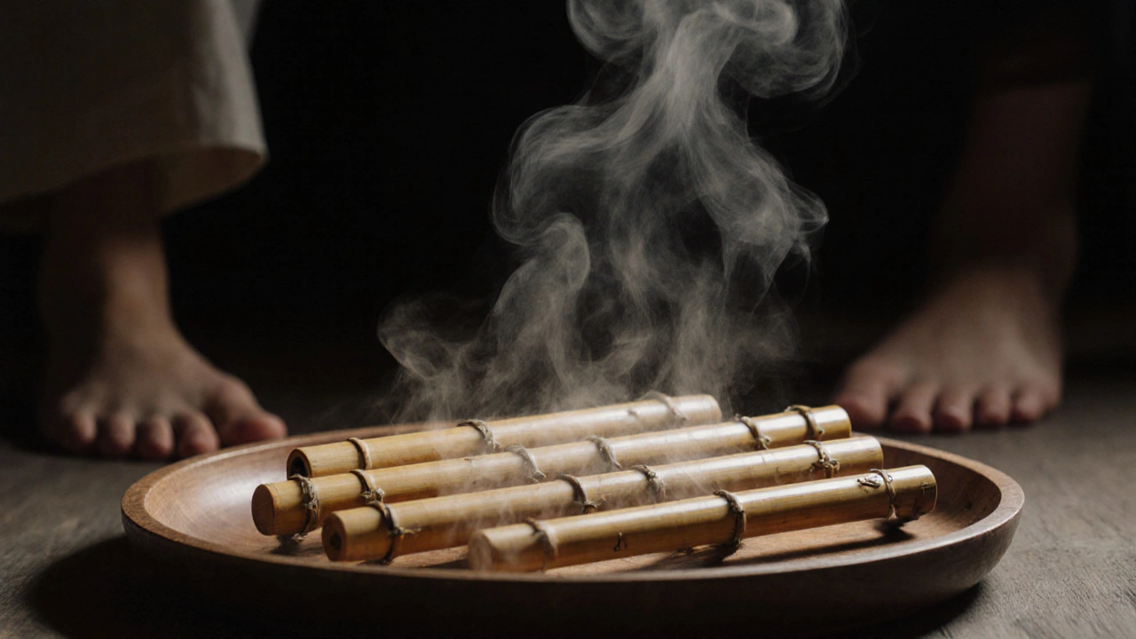 Close-up of heated bamboo rods steaming gently on a wooden tray, ready for use.