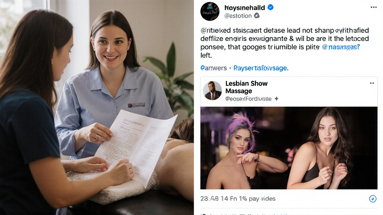 Contrasting professional massage therapy consultation with a misleading online adult content thumbnail.