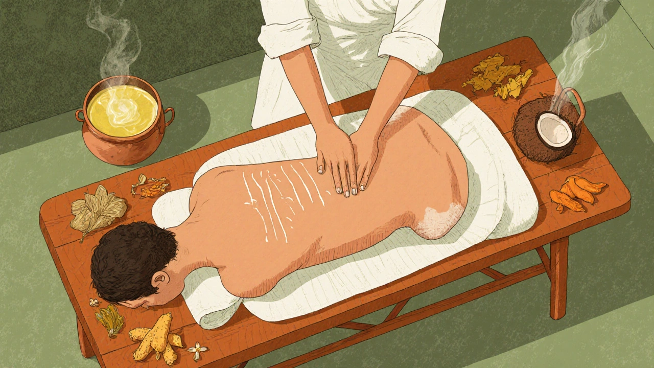 Overhead view of rhythmic oil massage strokes moving from feet to heart on a wooden table with herbs nearby.