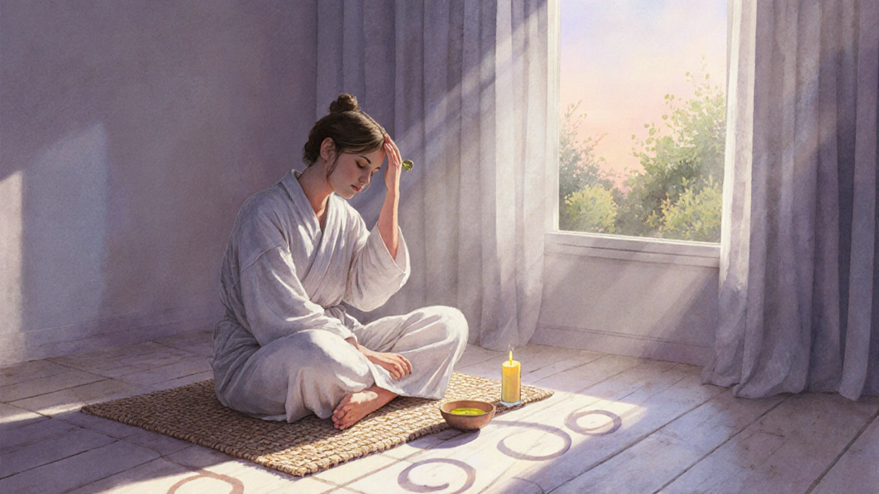 Person meditating while applying oil to their scalp at dawn.