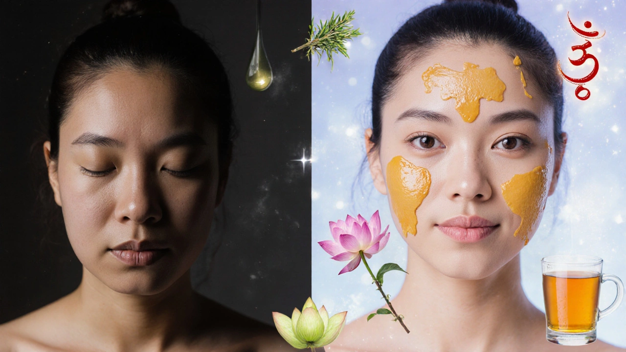 Split image showing dull skin transforming into radiant glow after consistent Ayurvedic oil massage.