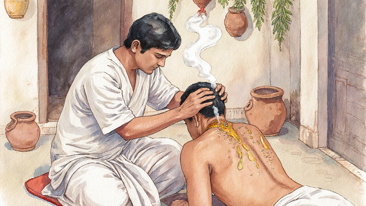 Traditional Indian practitioner giving head massage with herbal oil, serene village setting.
