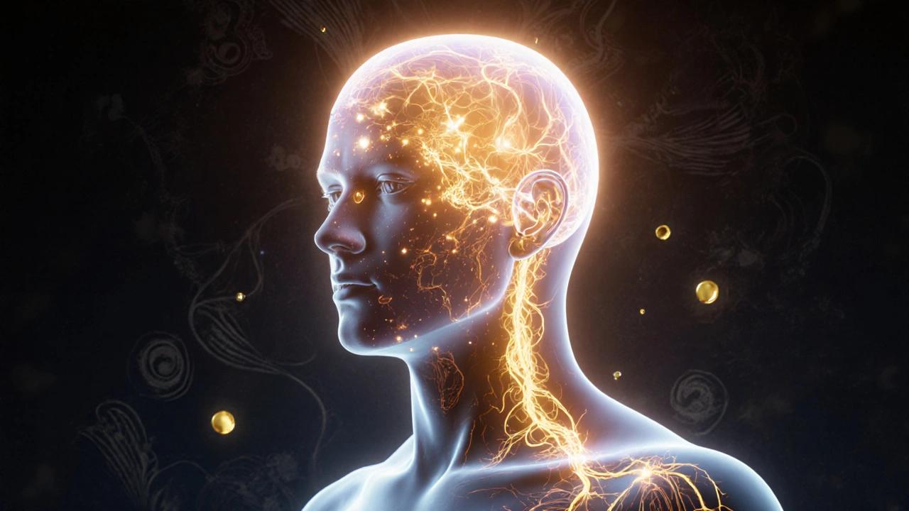 Translucent head with glowing energy points and oil pathways symbolizing circulation and calm.