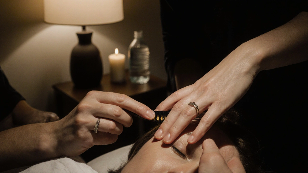 Two hands gently touching — one brushing hair, the other holding a hand — in a quiet, professional moment after a massage.