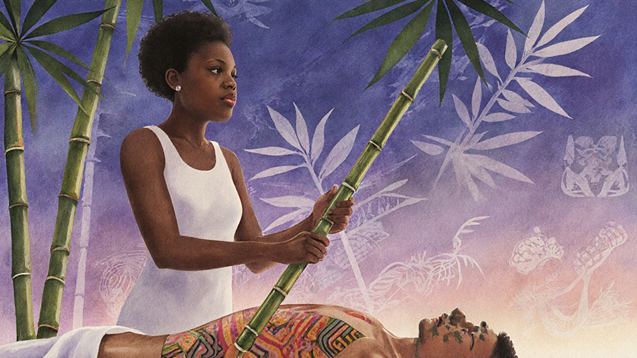 Watercolor illustration blending Creole, African, and Asian healing traditions in bamboo massage.