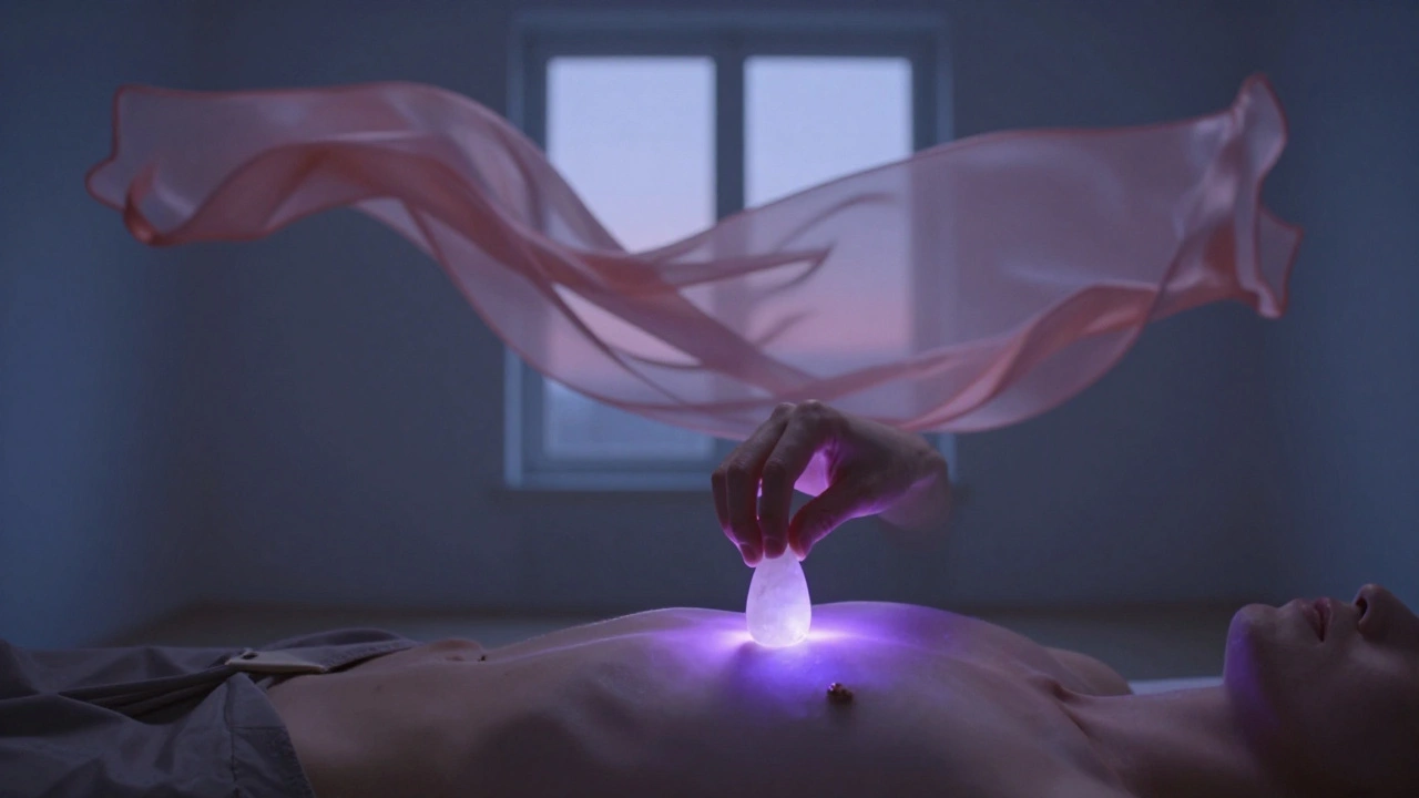 A rose quartz wand resting on the chest, emitting a faint violet glow in serene stillness.