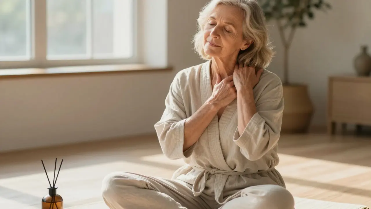 An elderly woman practicing self-massage on her shoulders in quiet sunlight.