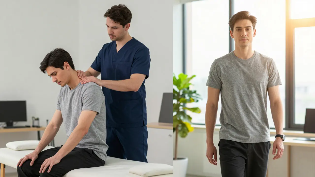 Before and after: office worker receiving massage for tech neck, then walking pain-free in sunlight.