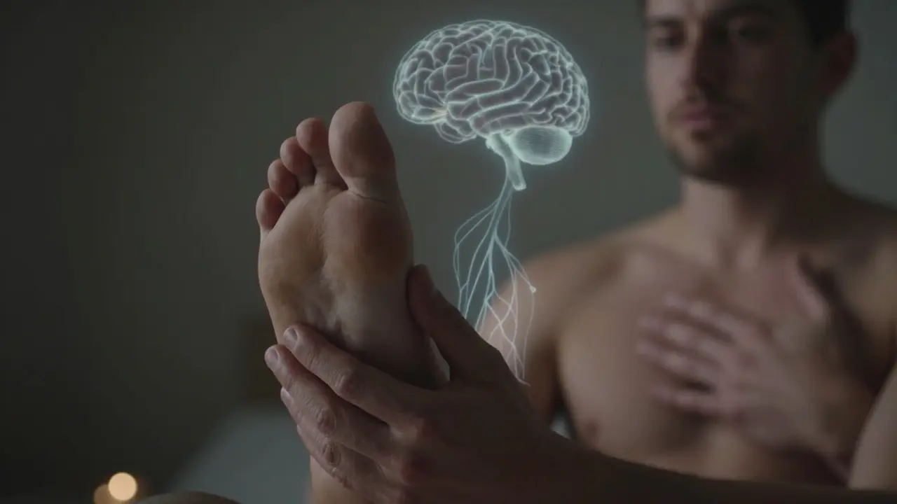 Hands applying pressure to foot with faint glowing neural pathways rising toward the brain.