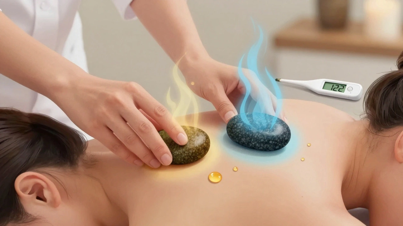 Hands gliding hot and cool stones over shoulder and neck with thermometer visible.