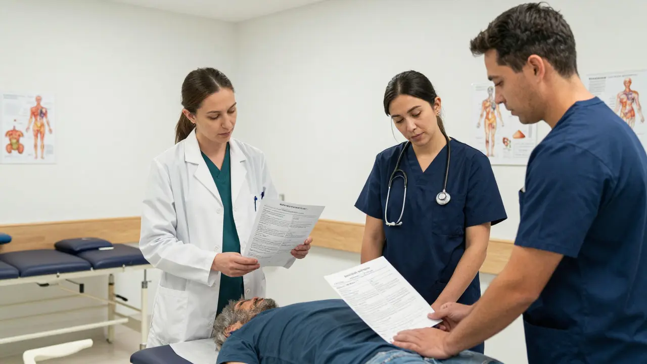 Healthcare team reviewing a medical massage treatment plan with charts and diagrams in a hospital rehab setting.