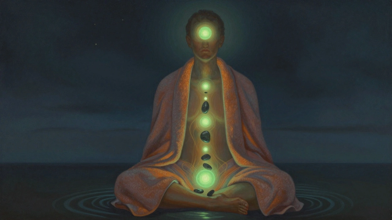 Silhouette with glowing stones along body, symbolizing deep relaxation and warmth.