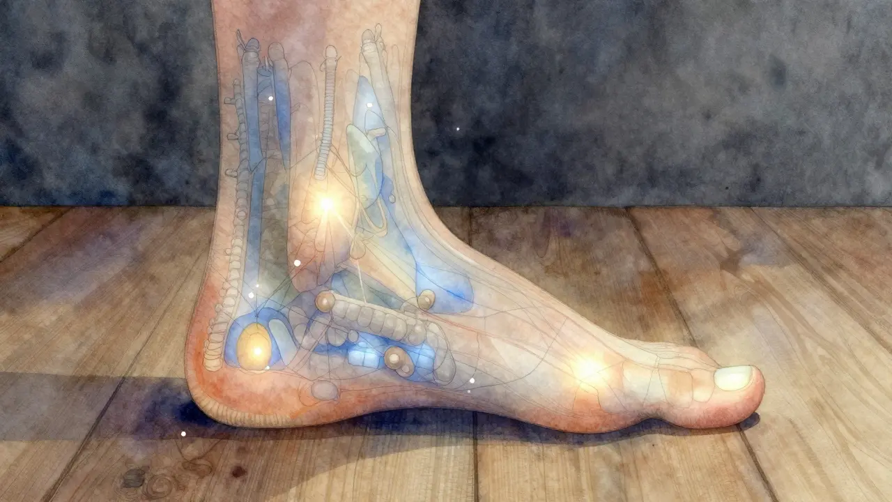 Watercolor illustration of a foot mapped to body organs with glowing connections and no text.