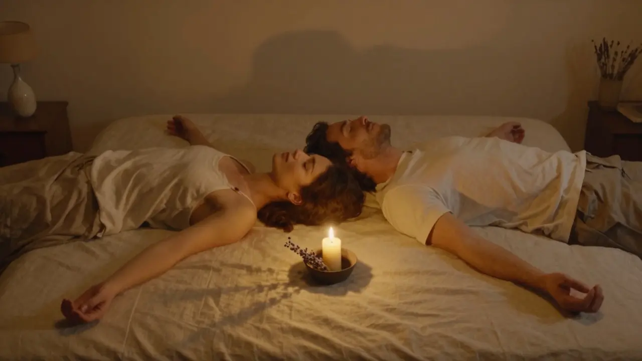 A couple lying back-to-back in a warm, candlelit room, separated by stillness and shared presence.