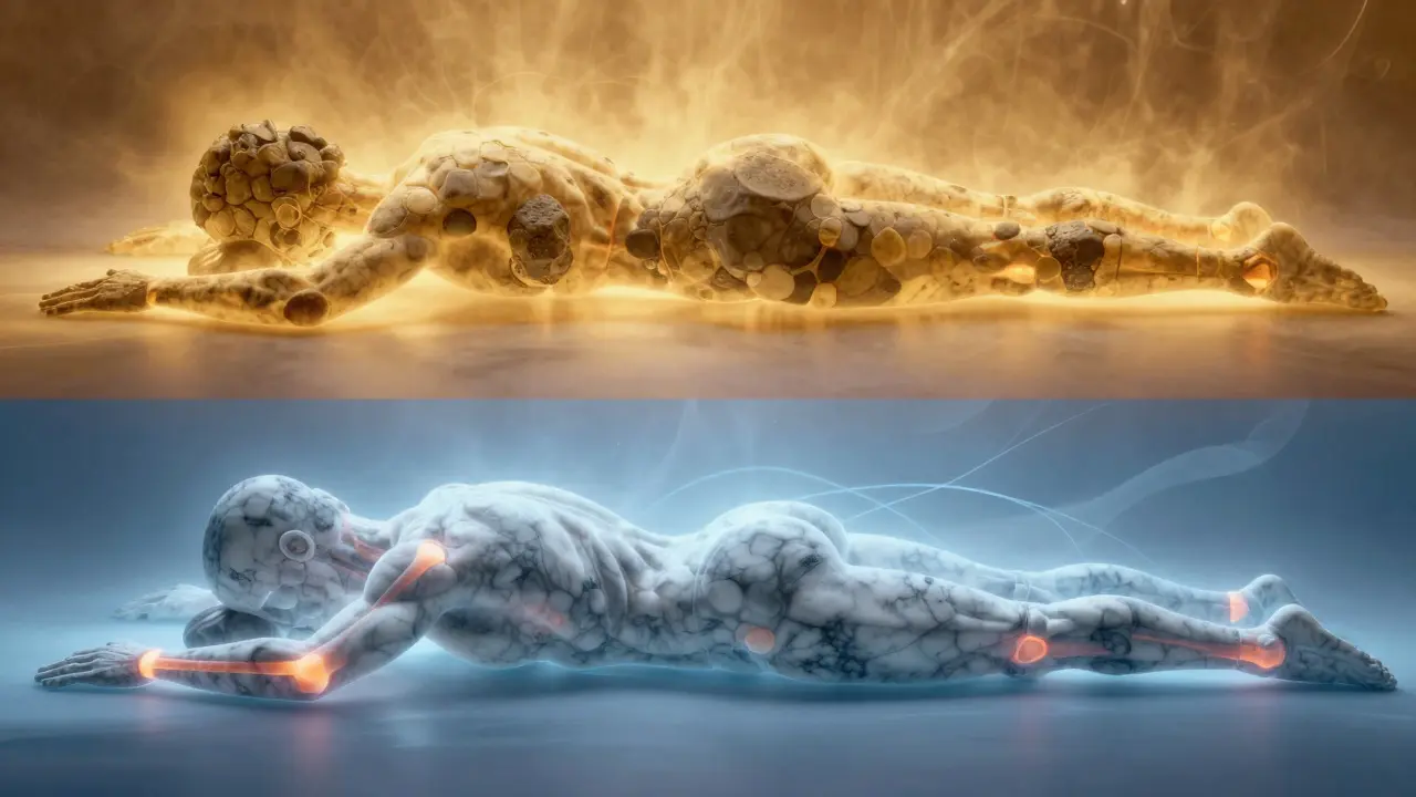 Abstract image showing warm and cool stones symbolizing contrast therapy along a human body outline.