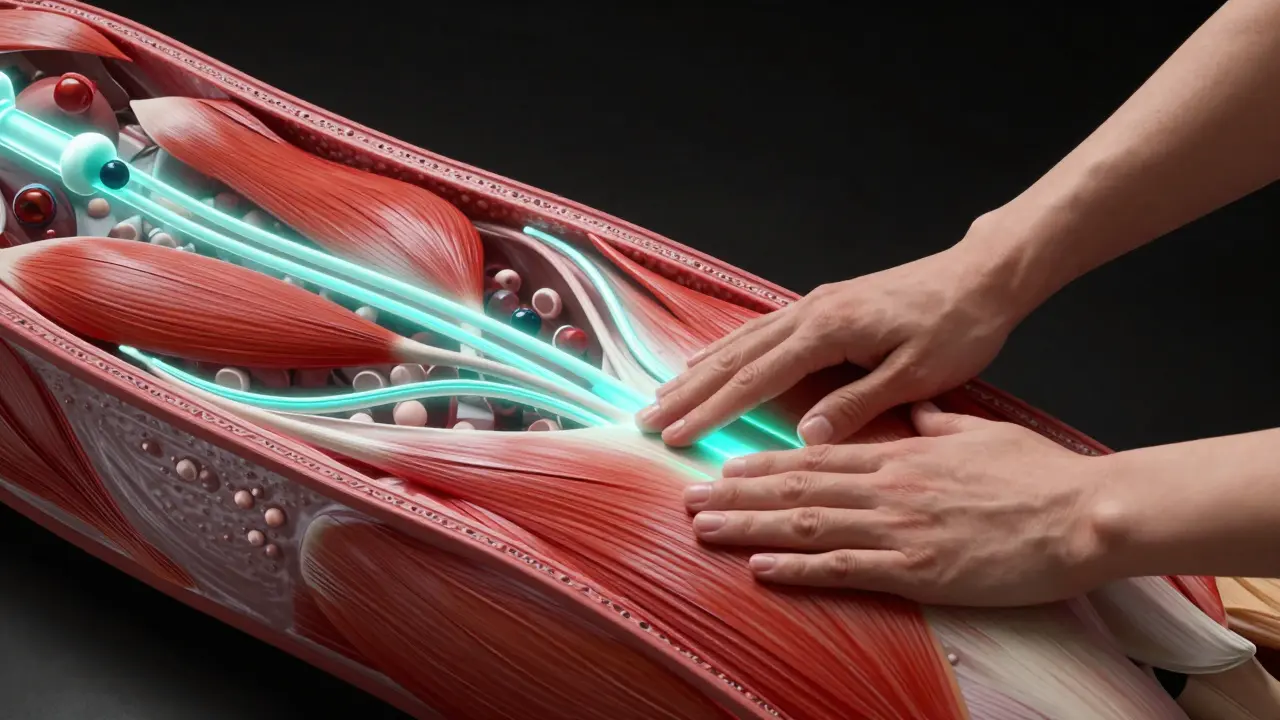 Abstract muscle cross-section showing recovery processes with therapeutic pressure.