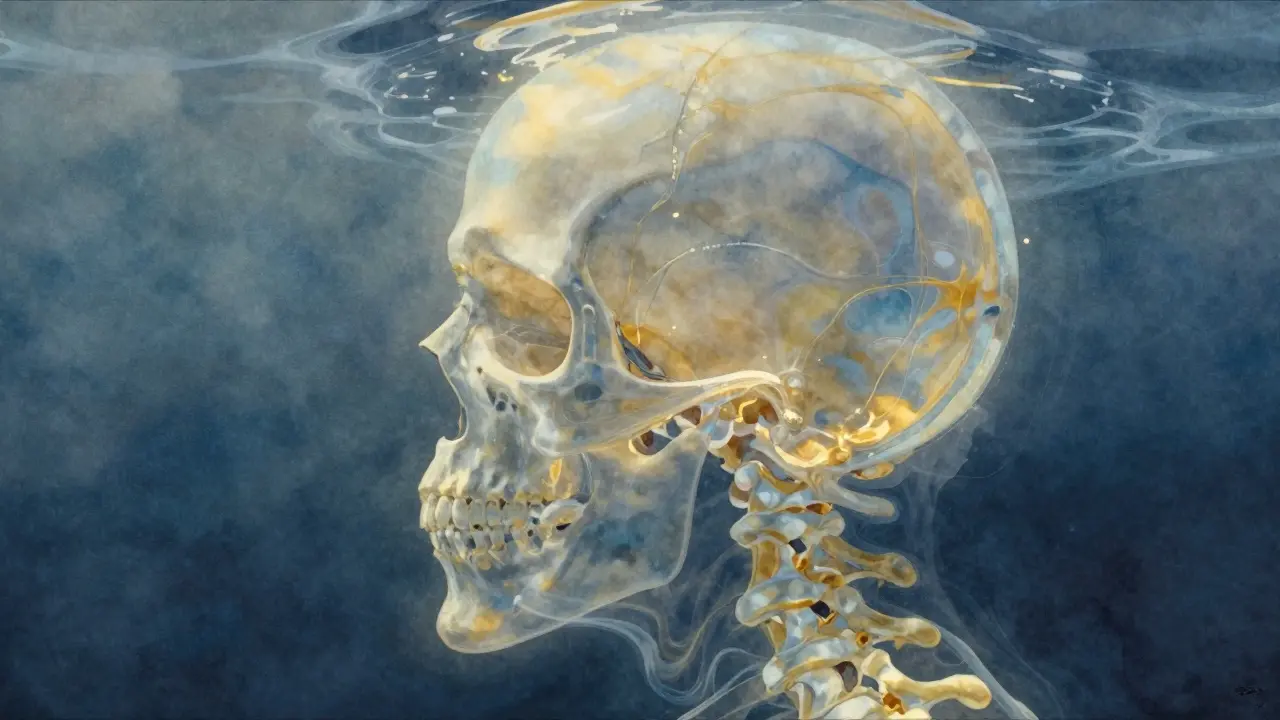 An ethereal flow of golden-blue fluid rhythmically moving through a translucent skull and spine.