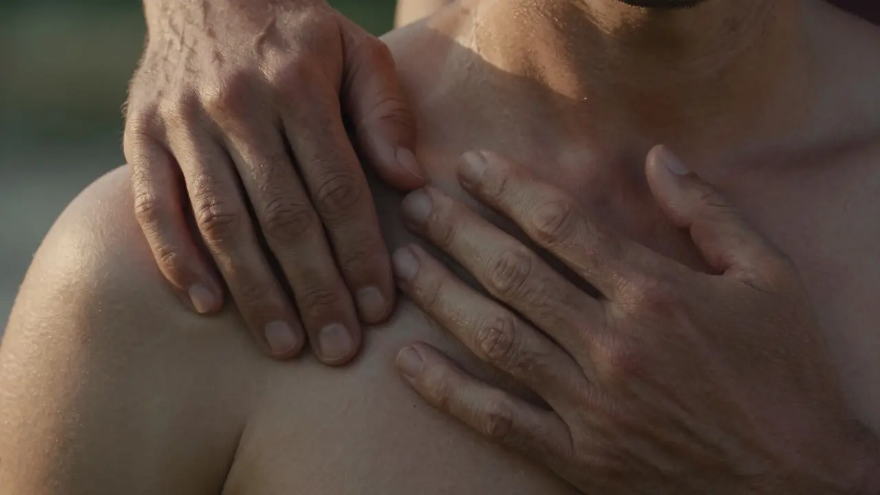 Close-up of hands resting gently on a shoulder and chest, conveying quiet intimacy without movement.