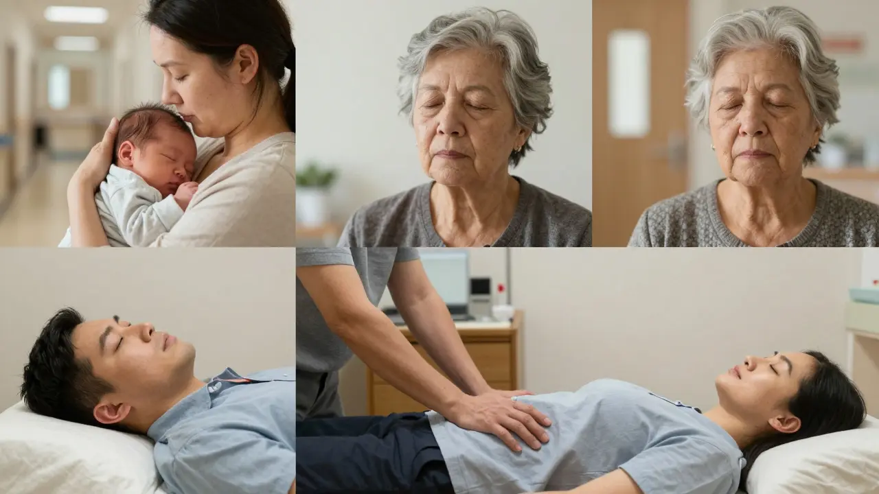 Diverse individuals peacefully receiving craniosacral therapy in quiet, personal moments.