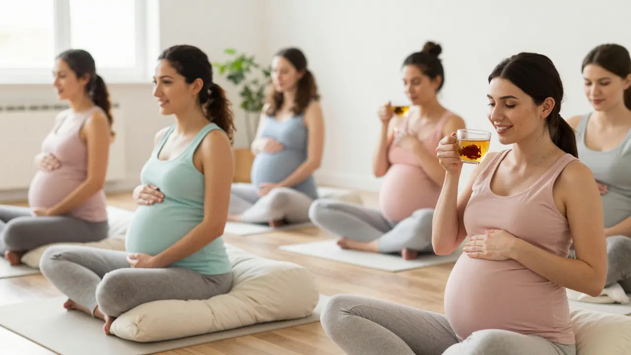 Group of pregnant women relaxing in a calm spa environment with supportive cushions.