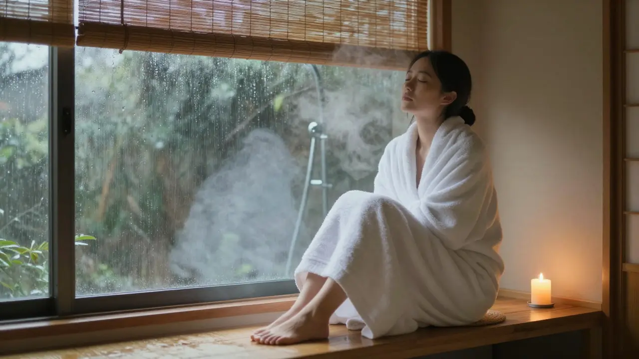Person wrapped in a towel, eyes closed, breathing deeply beside a rain-streaked window in a calm spa.