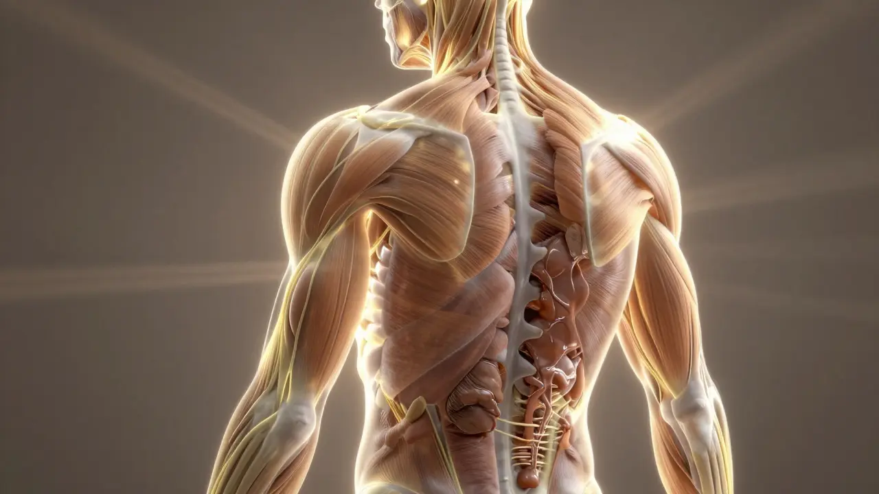 Translucent human body with golden fascia threads and sticky brown tension clusters in shoulders and back.