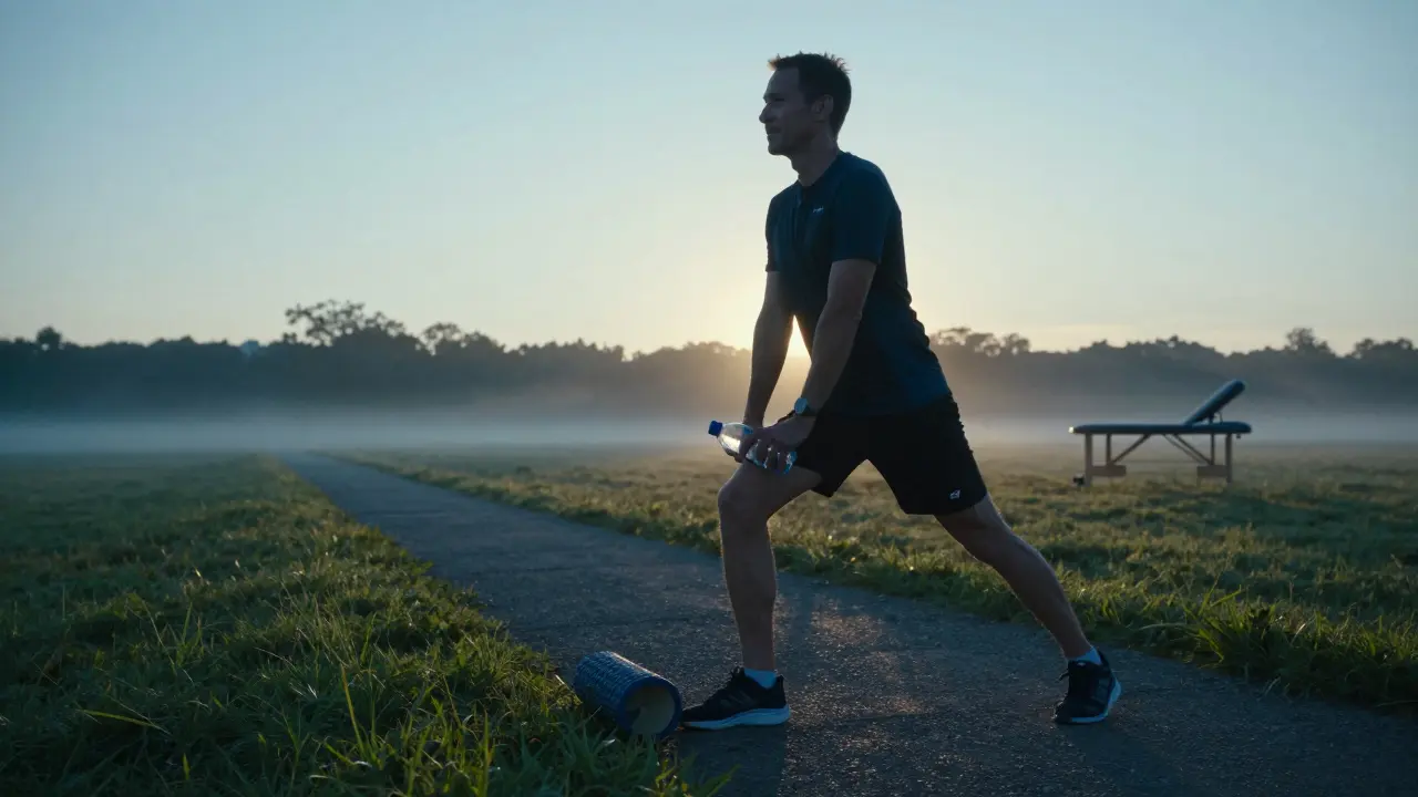 Triathlete stretching at dawn with foam roller, symbolizing recovery after training.