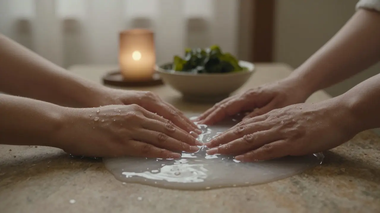 Two hands submerged in slippery nuru gel, droplets catching soft light on a stone surface.