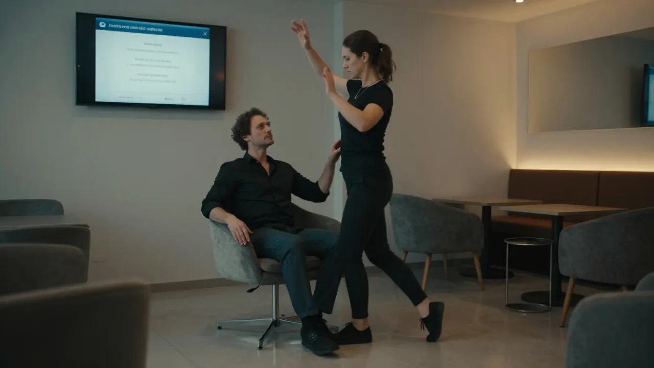 A clothed therapist performing a choreographed lap dance with no physical contact, in a professional lounge setting.