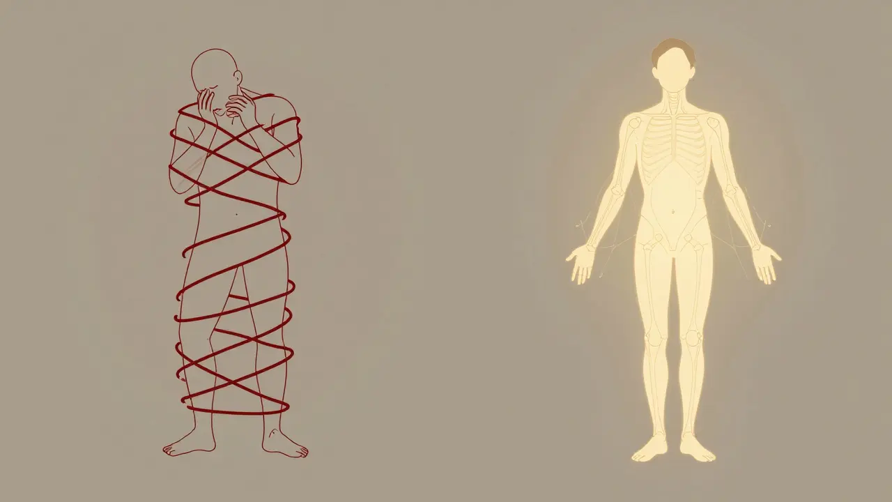 A conceptual split image showing a tense body transforming into a relaxed, aligned state through gentle neural feedback.