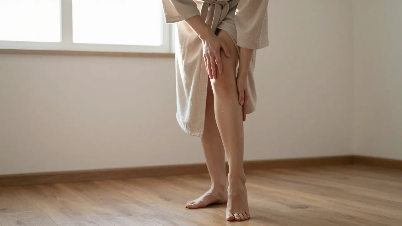 A woman performing a self-lymphatic massage at dawn, stroking her neck and leg with calm, deliberate motion.
