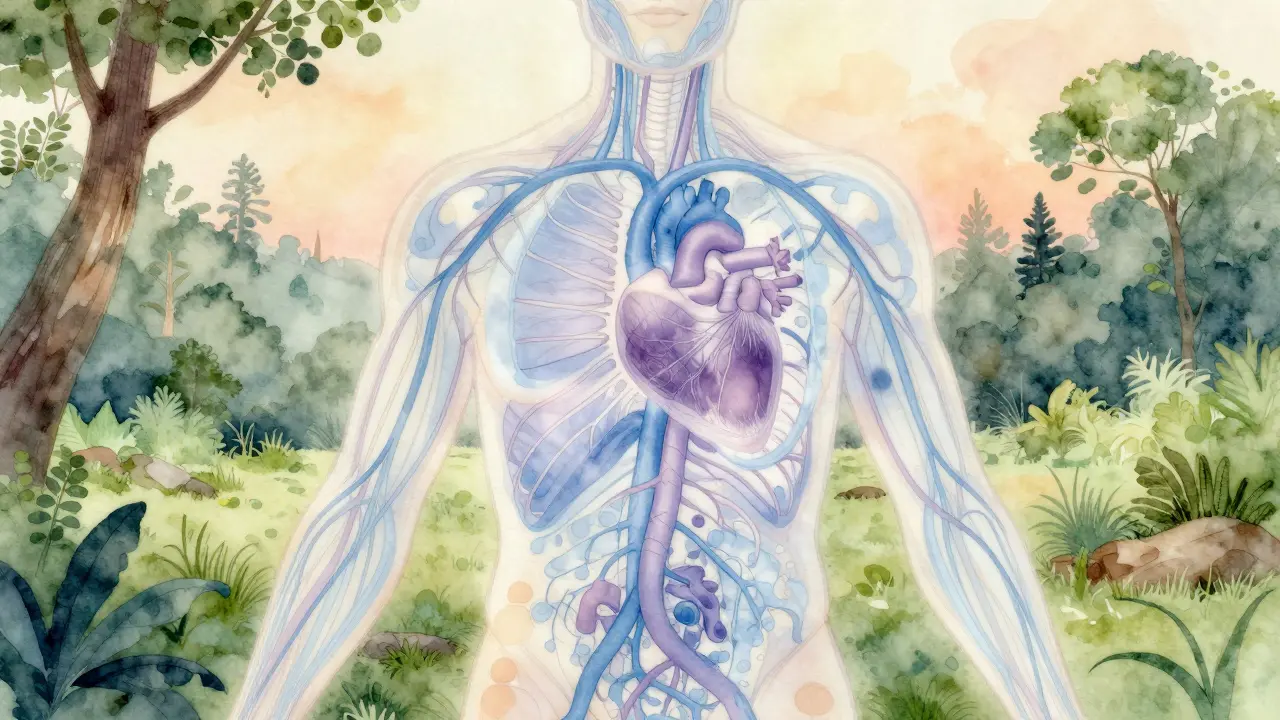 An artistic depiction of glowing lymphatic vessels with gentle hand movements guiding fluid flow toward the heart.