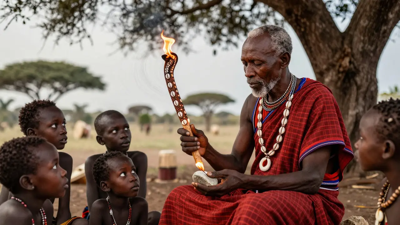 An elder polishes a decorated rungu as children listen nearby, firelight casting warm shadows.
